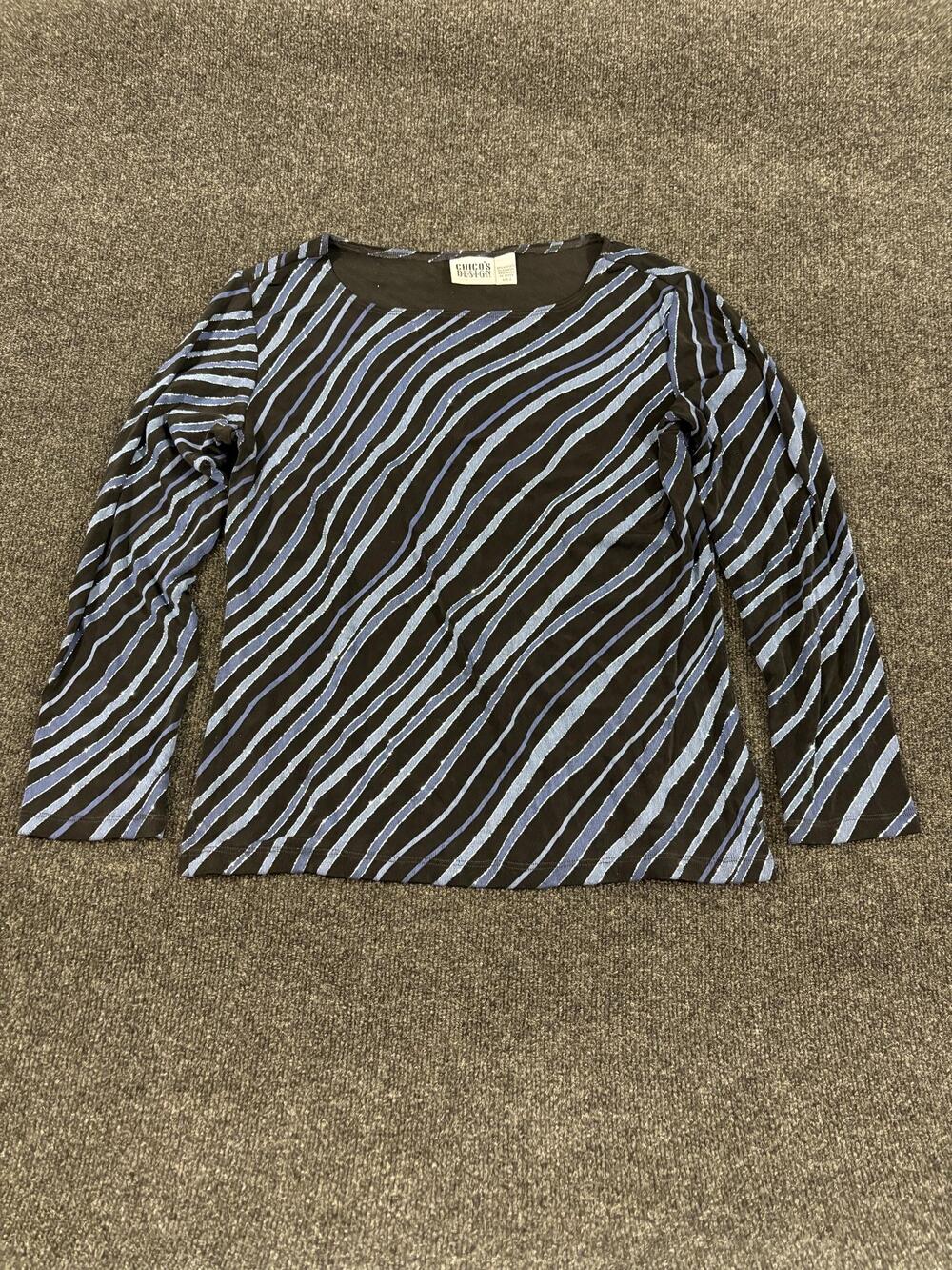 Chico's Design Shirt Womens 2 Black Blue Stripe Crew Neck Long Sleeve Stretch